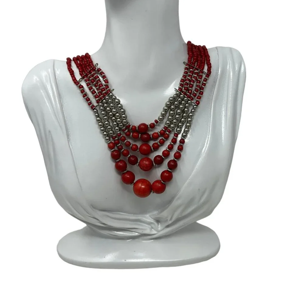 Cleopatra Choker Red‎ Silver Tone Beaded Statement Necklace